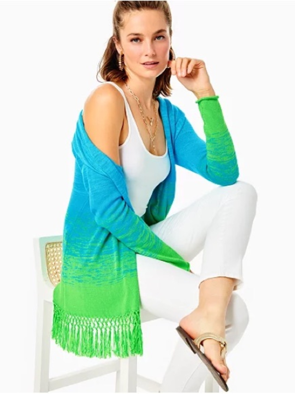 Lilly Pulitzer Tatum Cardigan Gecko Green ombre knit with a fringed hem Sz M